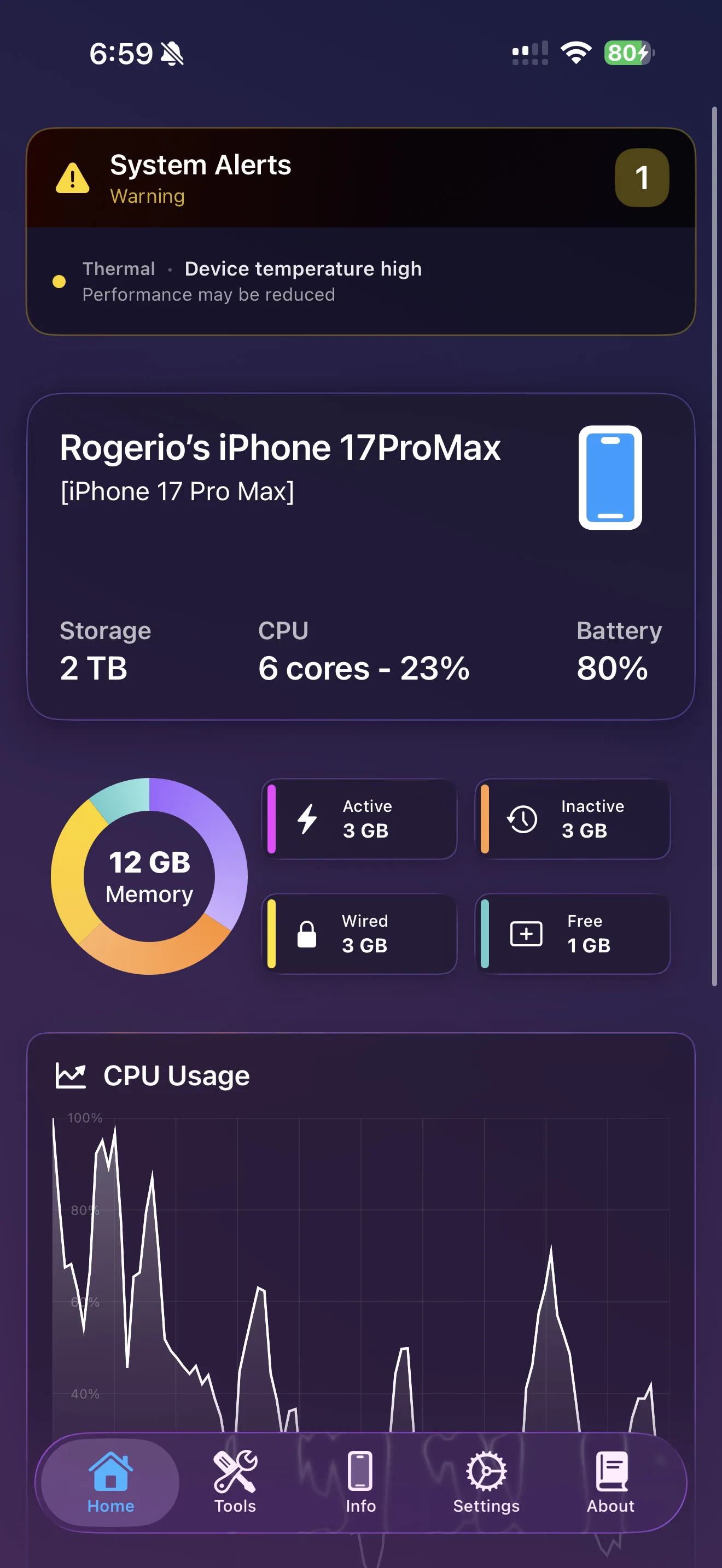 Lirum home dashboard showing device summary, memory, and live CPU usage.