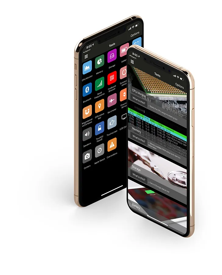 Lirum Device Info tool catalog and diagnostics screens on two iPhones.