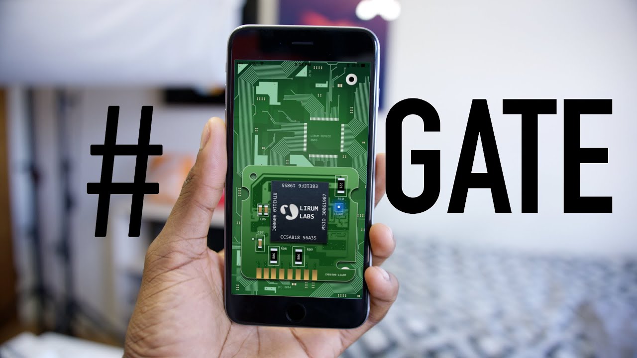 Marques Brownlee holding an iPhone 6s showing a Lirum Labs chip graphic beside a chipgate title.